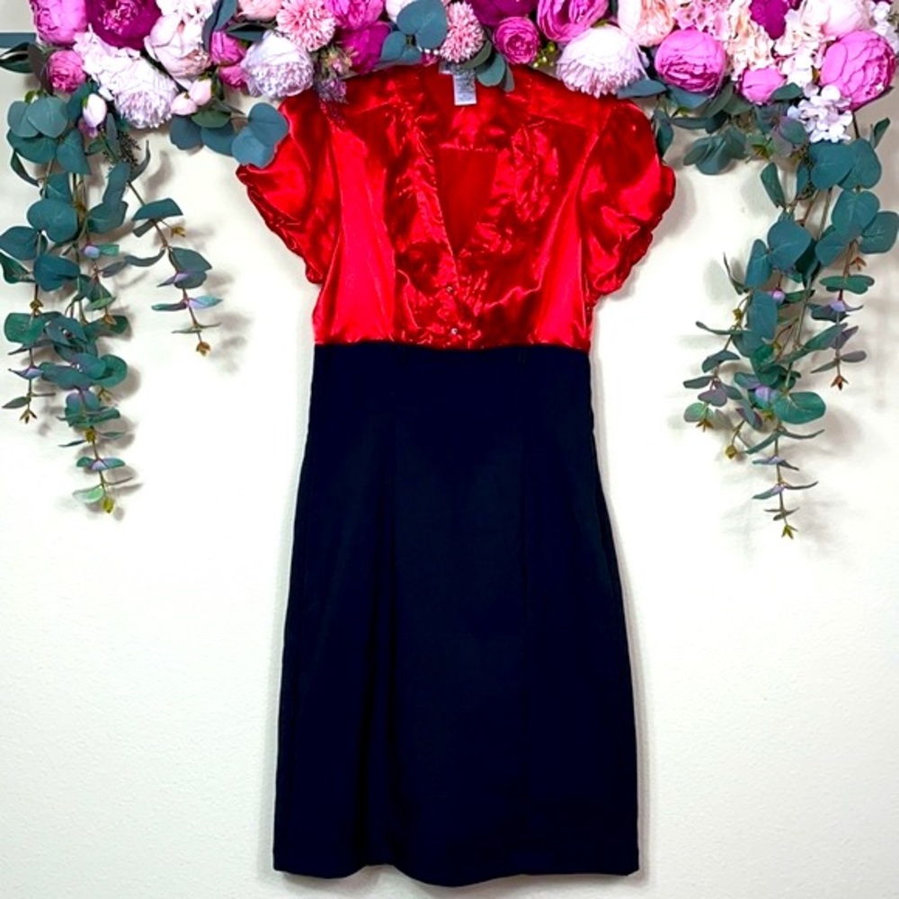 •Trixxi• Red Satin {Ruffle Top} High-waisted  Black [Pencil Skirted] Dress
